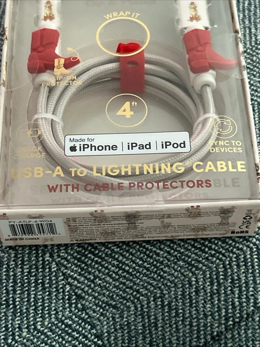 XO Poppy Phone Charger USB-A Cable 4 ft NIB- Red Boots W/ Dog- Quick Charge